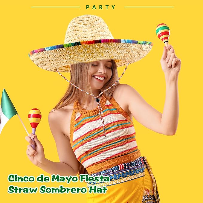2 Pack Giant Mexican Sombrero Hat Cinco de Mayo Fiesta Straw Hat for Mexican Party Decor Favors Luau Event Photo Props
