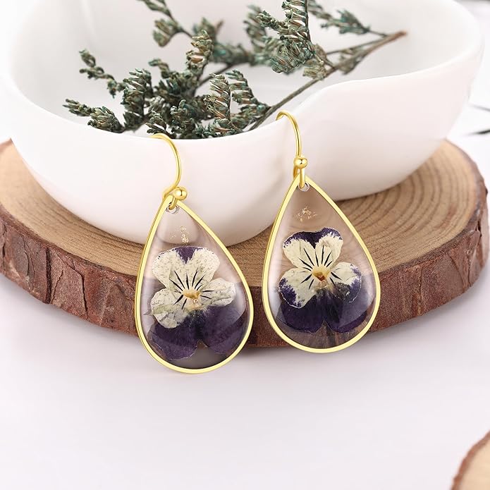 Forget-Me-Not and Queen Anne's Lace Pressed Wildflower Earrings | Pressed Flower Earrings | Handmade Drop and Dangle Earrings | Gift for Woman