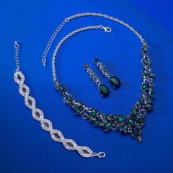 3/4 Pieces Women Jewelry Set Artificial Rhinestone Crystal Bride Statement Choker Necklace Tiara Crown Link Bangle Bracelet Teardrop Dangle Earrings Set