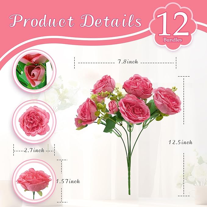 12 Packs Artificial Peonies Silk Flowers: Faux Peony Bouquet 12 Bundles, Fake Peonies Flowers Bulk for Centerpiece Table Wedding Party Home Decor for Vase Decoration (Rose Red)