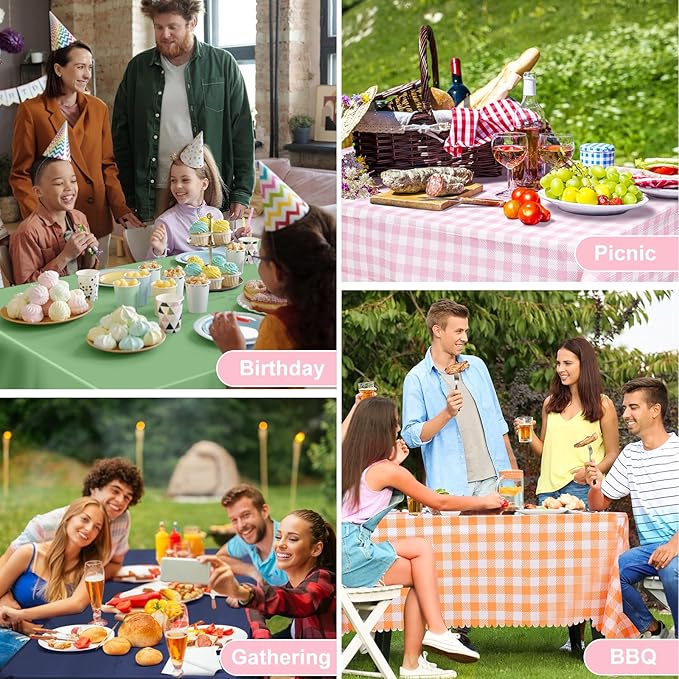 3 Pack Pink Gingham Tablecloths, 54 X 108Inch Disposable Party Table Covers Scalloped Pink Checkered Table Cloth Waterproof Pink White Tablecloth for Picnic Birthday Barbecue Tea Party Wedding