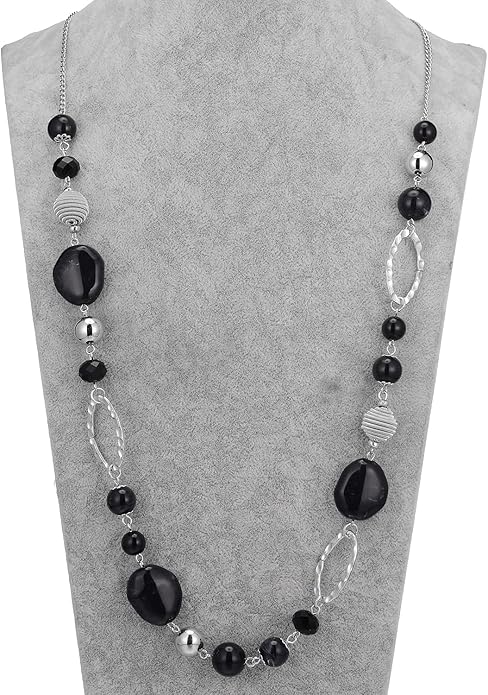 BULINLIN Beaded Long Necklace for Women Silver Sweater Chain Necklace with Crystal Resin Beads, Fashion Jewelry Necklace