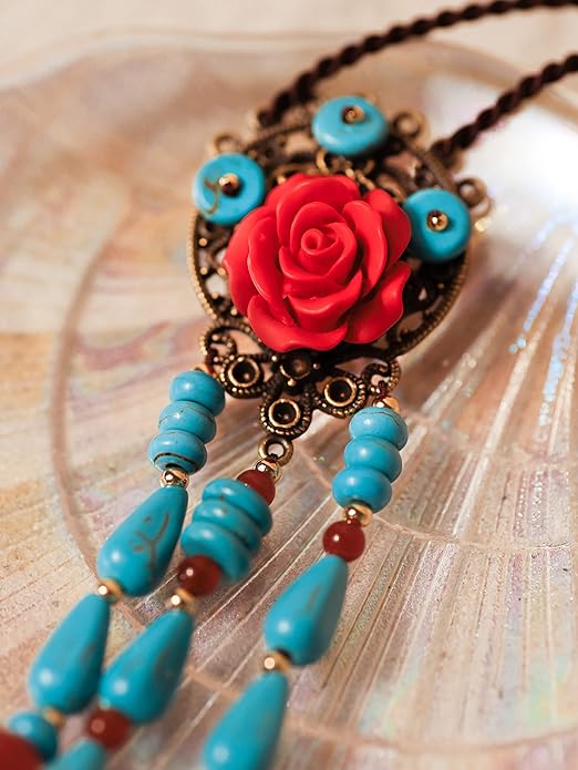 MINACHI Vintage Bohemian Colorful Ceramic Bead Antique Flower Y Necklace, Vintage Boho Hippie Statement Jewelry Gift for Women