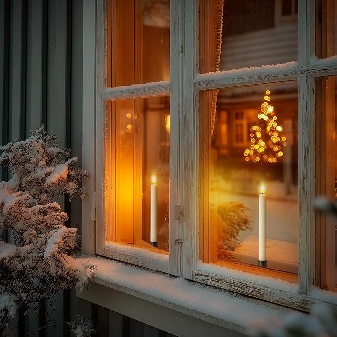 Homemory Real Wax Window Candles with Remote Timer Dimmer, Flameless Taper Candles with Holders, Christmas Candle for Window Battery Operated, LED Candlesticks for Home Holiday Decor,6 Pcs Ivory