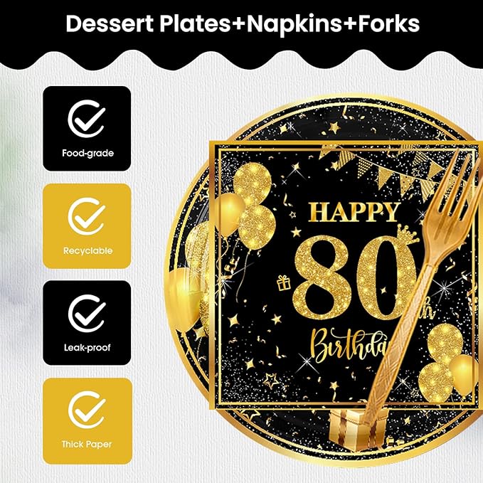 80th 7 inch Birthday Party Paper Plates and Napkins Forks 60 pcs Black Gold Birthday Decorations for Boys Girls Tableware Set for Anniversary Party Supplies,Serve 20