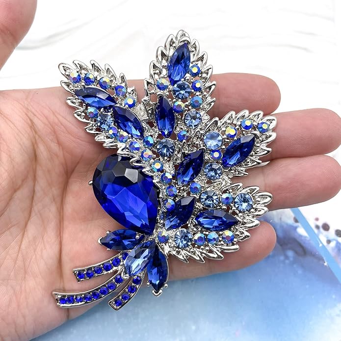 YOQUCOL Big Large Brooch Pin Austrian Crystal Leaf Shape Bouquet Rhinestone Scarf Decoration Wreath Cloth Brooches Pins For Women Girls