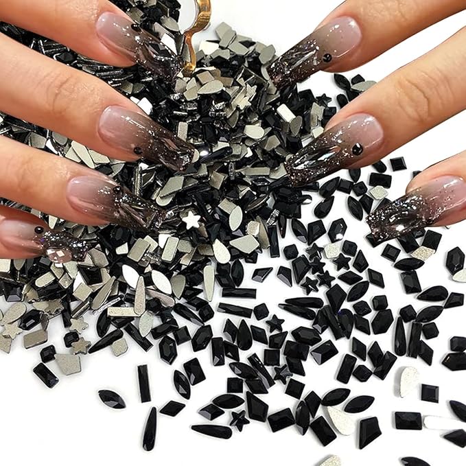 250Pcs Mini Black Flash Nail Art Charms Mixed Shapes Nail Rhinestones Star Heart Irregular Shape Nail Supplies Gems Dark Crystals Nail Jewelry Flat Nail Decorations Design Acrylic Nails for Women