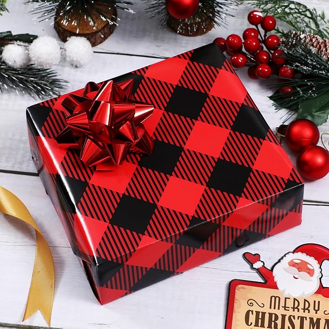 PlandRichW Christmas Wrapping Paper 12 Sheets Folded for Kids Boys Girls Men Women Gifts. Red, Black and White, Greetings, Reindeer, Plaid and Snowflakes, 20 X 29 Inches Each