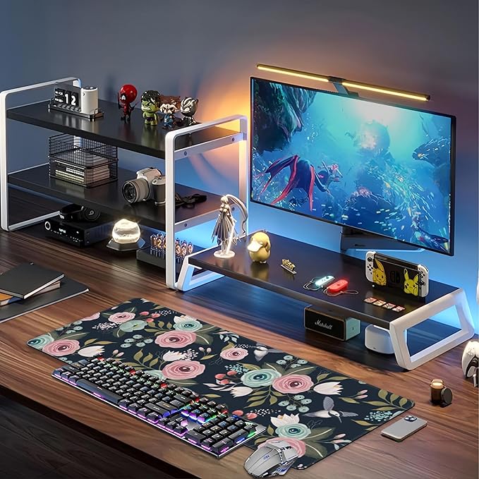 Colorful Flowers and Birds Desk Mat,Large Spring Floral Bird Gaming Keyboard Mouse Pad,Non-Slip Rubber Base Desk Pad Thick Stitched Edges Waterproof Mousepad Mouse Mat 31.5"x11.8"