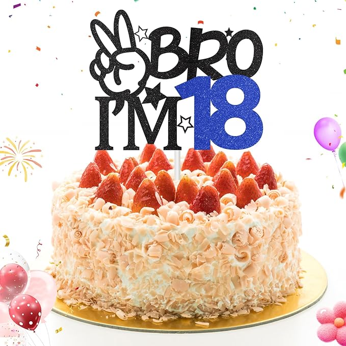 Bro I'm 18 Cake Topper, 18th Birthday Decorations for Boy, Glitter Funny 18th Birthday Cake Topper, Bro 18 Year Old Birthday Party Decoration Supplies