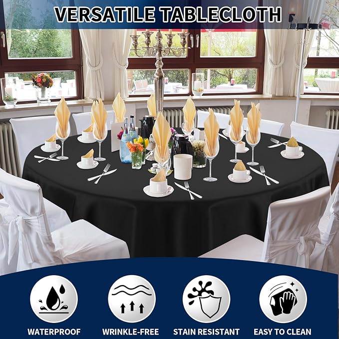 PureFit 6 Pack Round Black Table Cloths 90 Inch for Round Tables, Stain and Wrinkle Resistant Table Linens for Home Use, Wedding, Party, Banquet and Camping