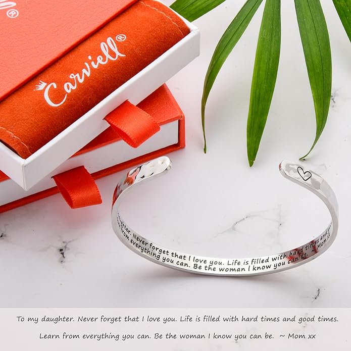 Carviell Engraved Cuff Bracelets for Women – Inspirational, Friendship, Love, Mom, Daughter, Sister, Christian, Graduation, Memorial & Wedding Gifts – 80+ Phrases – Stainless Steel, Gift-Ready