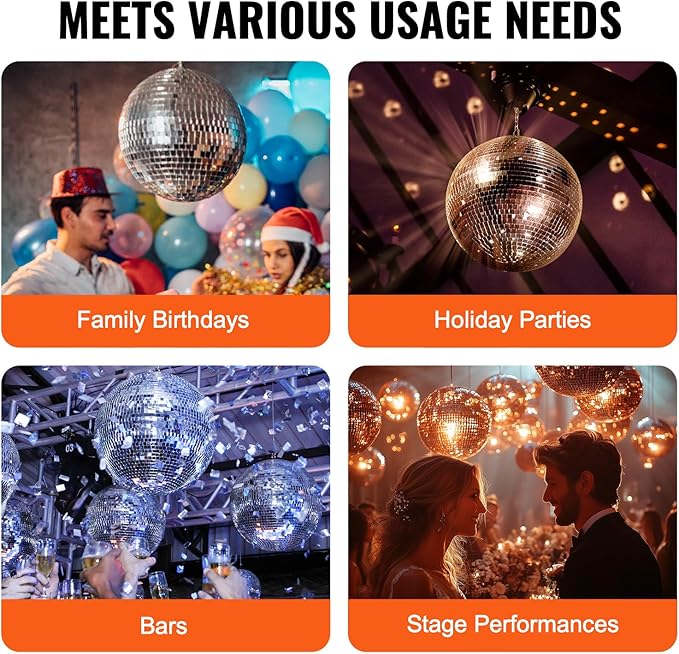 VEVOR Mirror Disco Ball, 12 Inch Mirror Ball with Hanging Ring, Lightning Disco Ball Party Decorations, Ideal for DJ Club, Stage, Wedding, Birthday, Christmas, New Years Celebration