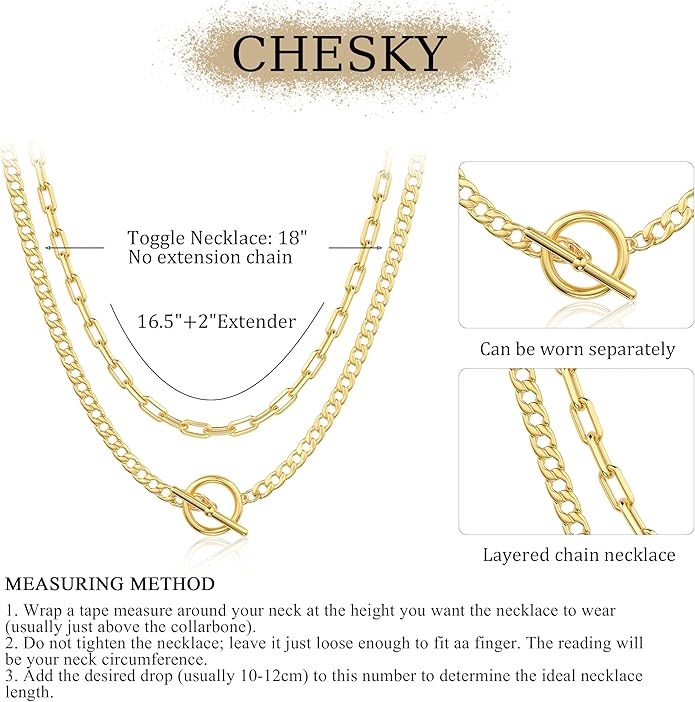 CHESKY Layered Necklaces for Women, 14K Gold Plated Chain Necklace Women Trendy Cuban Link Paperclip Chain Toggle Clasp Necklace Fashion Chunky Jewelry for Women