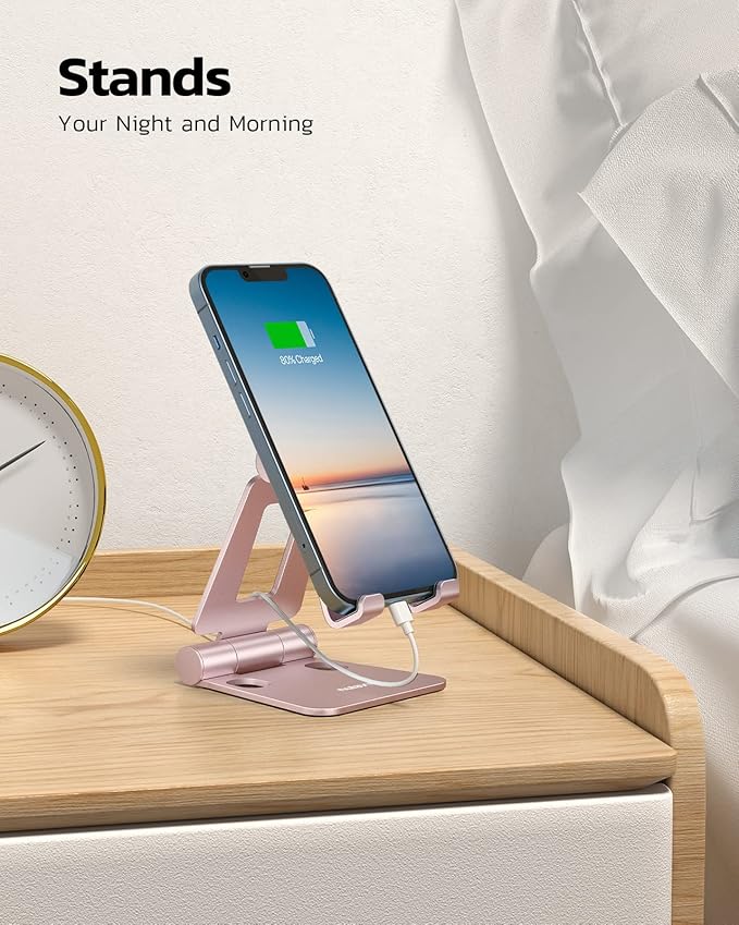 Nulaxy Dual Folding Cell Phone Stand, Fully Adjustable Foldable Desktop Phone Holder Cradle Dock Compatible with iPhone 17 16 15 14 13 12 11 Pro Max Xs Xr X 8, Nintendo Switch, All Phones - Rose Gold