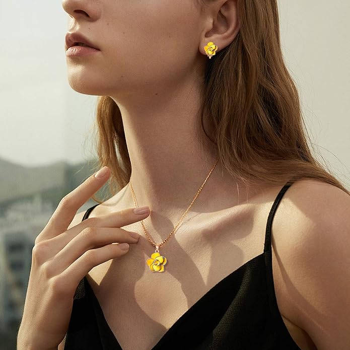 Dainty Rose Flower Pendant Necklace Clip On Earrings Set for Women 14K Gold Plated Hypoallergenic Jewelry Sets