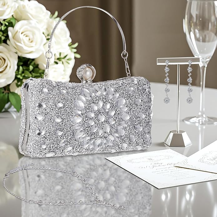Quelay 4 Pcs Purse Rhinestone Jewelry Set Evening Clutch Bag Bling Crystal Necklace Dangle Earrings Bracelets Accessories