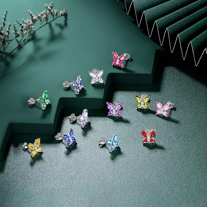 925 Sterling Silver Birthstone Butterfly Jewelry Women Crystal Animal Cute Butterflies Birthday Necklace/Earring/Ring/Bracelet Sets Birth Stone Statement Anniversary Jewellery