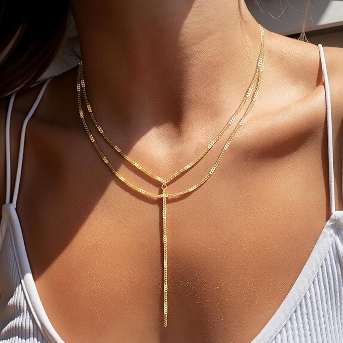 Fullpop Dainty Gold Necklaces for Women, 18k Gold Layered Lariat Necklace for Women Long Gold Choker Necklaces for Women Statement Diamond Heart Pendant Necklace Body Chain Jewelry for Women