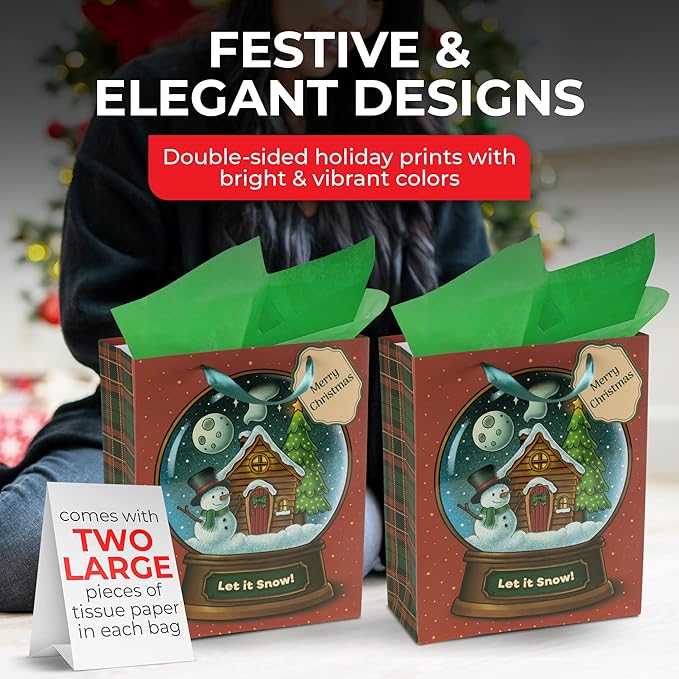 RACHELLE'S Snow Globe Christmas Gift Bags – Medium 13"x10"x4" (2-Pack) – Sturdy Paper Gift Bags with Tissue Paper, Tag and Handle – Let It Snow – Perfect for Christmas Holiday Gifting & Party Favors
