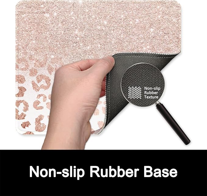 ITNRSIIET Mouse Pad with Stitched Edge Premium Textured Smooth Precise Operation Waterproof Washable Non-Slip Rubber Base Desktop Protection Mat, 10.2×8.3×0.12 inches, Rose Gold Leopard Print