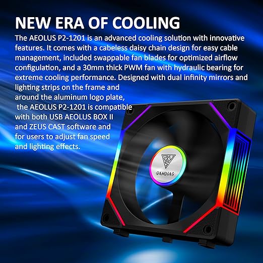 GAMDIAS 120mm ARGB PWM Case Fan, 2 Blades in 1 Fan Pack (Standard & Reverse Blades), Sync with RGB Motherboards, Easy Installation & Cable Management w/Cabless Daisy Chain Design