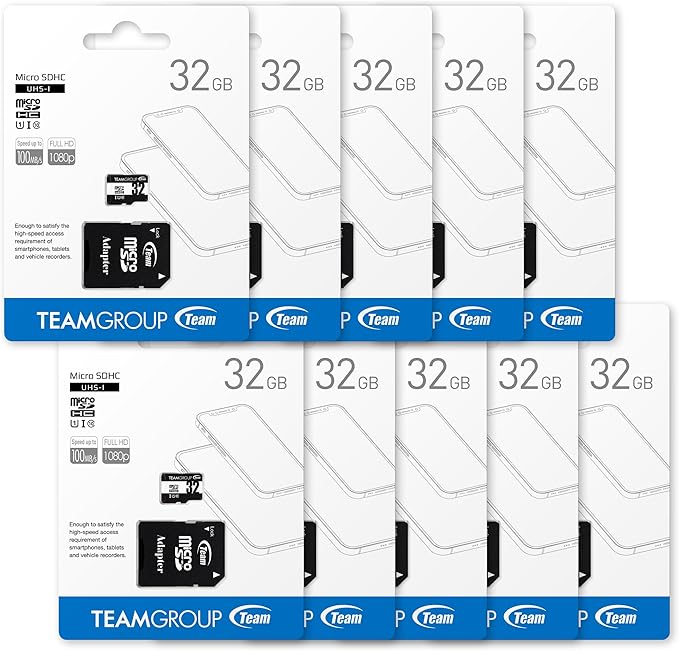 TEAMGROUP Micro 32GB x 10 Pack UHS-I U1 Class 10 SDHC SDXC Read Speed up to 100MB/s High Speed Flash Meomry Card with Adapter for Camera, Surveillance, Full HD Shooting TUSDH32GCL10U66