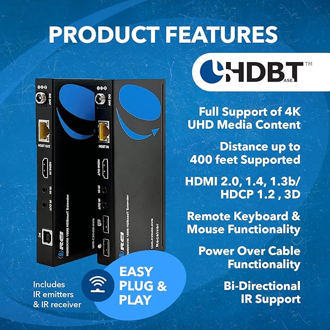 OREI 4K KVM HDMI Extender Over LAN HDBaseT PoC Single CAT5e/CAT6A/CAT7 Cable 4K 60Hz - Upto 400 feet 4:4:4 - Remote, Keyboard, Mouse, USB Control