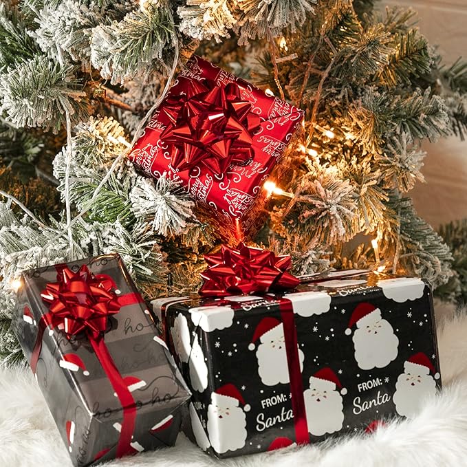 WRAPAHOLIC 30 Inch Christmas Wrapping Paper Roll - Jumbo Roll Black and Red Retro HO HO HO Santa, Silver Snowflake Holiday Collection with Metallic Foil Shine - 4 Rolls - 30 Inch x 120 Inch Per Roll