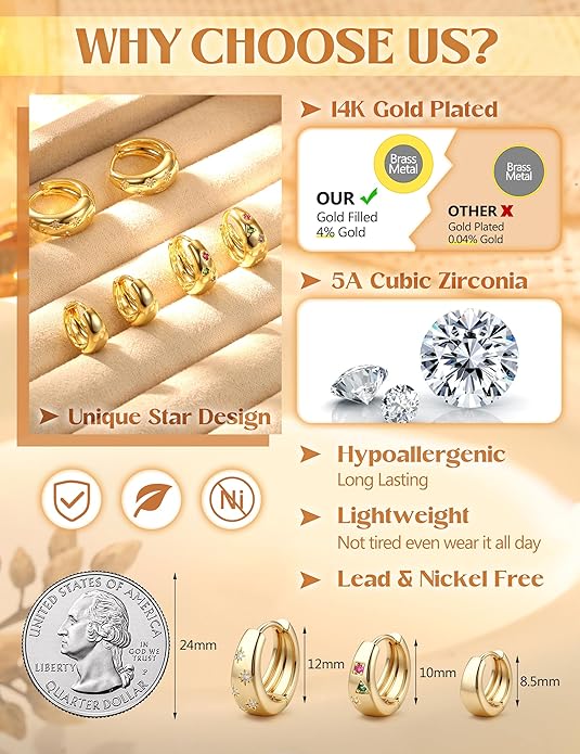 14K Gold Plated Hoop Earrings Set for Women - 3Pairs Chunky 14K Gold Plated Silver Huggie Earrings Small Earrings Lightweight Hypoallergenic MultiColored CZ Hoop Earrings Stacks for Multiple Piercing