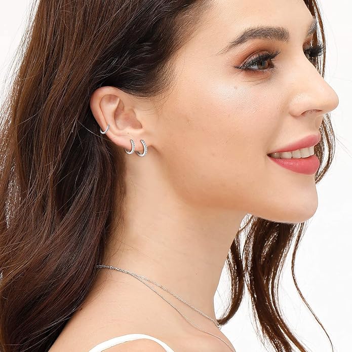 925 Sterling Silver Small Hoop Earrings Cubic Zirconia Huggie Hoop Earrings, 3 Pairs 14K White Gold Plated Cartilage Piercing Earrings Ear Cuff Tiny Hoop Earrings for Women Men