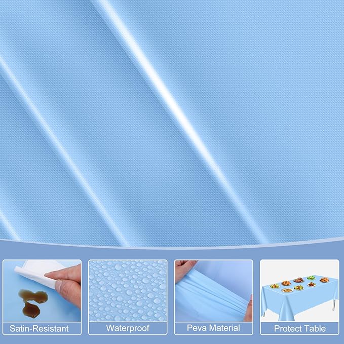 6 Pack Plastic Light Blue Tablecloth, 54 X 108Inch Disposable Baby Blue Scalloped Dessert Tablecoth for Rectangle Table Waterproof Spring Table Cover for BBQ Picnic Wedding Birthday Baby Shower Decor