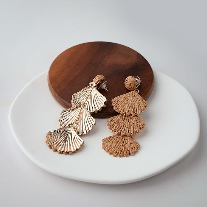 Raffia Dangle Earrings for Women - Boho Statement Rattan Drop Jewelry with Shell Design, Lightweight Summer Beach Trendy Accessories