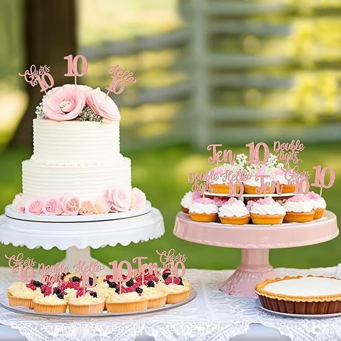 30PCS Happy 10th Birthday Cupcake Toppers Glitter Ten Double Digits Hello 10 Cupcake Picks Cheers to 10 Birthday Decorations for 10th Birthday Anniversary Party Cake Decorations Supplier Rose Gold