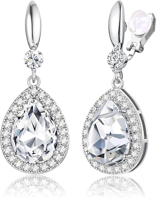THUNARAZ Elegant Clip on Earrings for Women Sparkling Teardrop Dangle Clip Earrings Non-Pierced Rhinestone Cubic Zirconia Wedding Prom Jewelry 14K Gold and Silver Tone