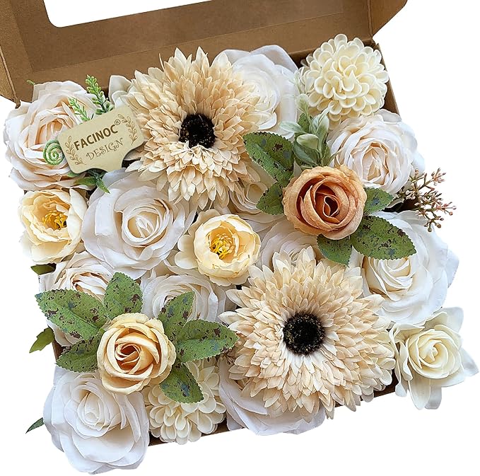 Roses Artificial Flowers White Combo Box Set Fake Flower Bulk with Stems for DIY Bridal Wedding Shower Decorations Faux Floral Arrangements for Party Table Centerpieces Home Decor Indoor