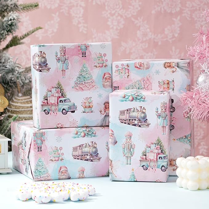 PlandRichW Nutcracker Christmas Wrapping Paper - Sweet Pastel Nutcracker Scene with Trees, Train & Angels - 40×28 Inch Xmas Gift Wrap, 4 Folded Sheets for Kids & Adults