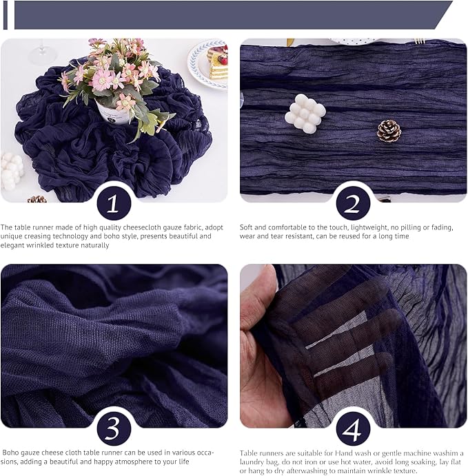 10 Pack Navy Blue Table Runner 120 Inch Cheesecloth Table Runner 10FT Boho Gauze Table Runner Long Cheese Cloth Table Runner Semi Sheer Runners for Wedding Bridal Baby Shower Party