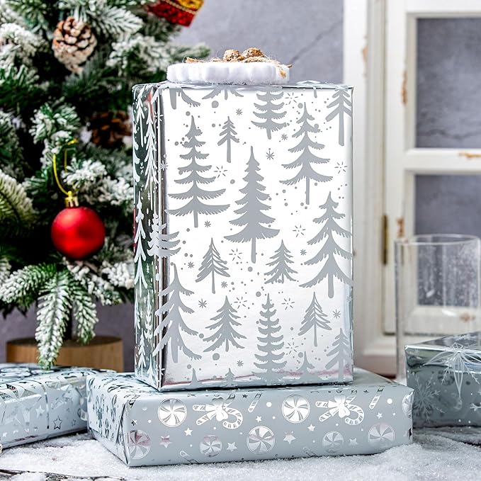 MAYPLUSS Christmas Wrapping Paper Jumbo Rolls with Gridlines - 30IN X 120IN - 4 Roll - Christmas Tree Snowflakes Candy Cane for New Year Holiday Party Kids