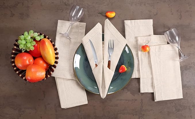 LFH Home Cloth Dinner Napkin Textured Cotton Flax Linen Hemstitched Napkin Set of 12, Machine Washable for Farmhouse, Living Room, Christmas, Family Gathering, 18x18 Inch Natural