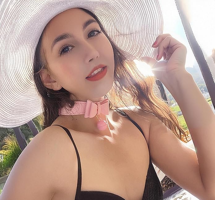Leather Collar Necklace for Women with Bow Bell Kitty Cat and Delicate Tea flower pearl pendant Choker for Ladies Black Pink Red