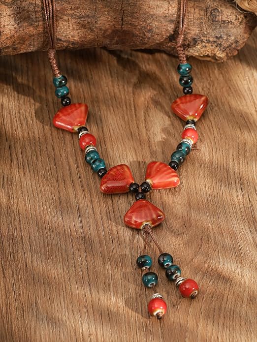 MINACHI Vintage Bohemian Ethnic Colorful Ceramic Bead Long Y Necklace, Hippie Boho Summer Fashion Jewelry Gift for Women