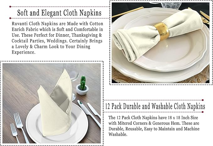 Ruvanti Cloth Napkins Set of 6, 18x18 Inches Napkins Cloth Washable, Soft, Durable, Absorbent, Cotton Blend. Table Dinner Napkins Cloth for Hotel, Lunch, Restaurant, Wedding Parties - Ivory