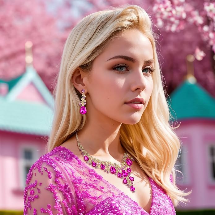 BriLove Women's Wedding Bridal Austrian Crystal Teardrop Flower Cluster Statement Necklace Dangle Earrings Jewelry Set for Party Prom