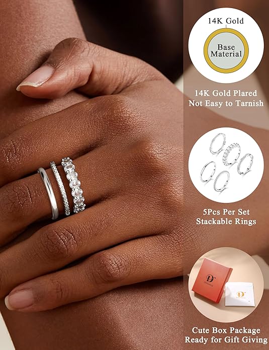 Dochais 5PCS Stackable Gold Silver Rings for Women, Non Tarnish Dainty Cubic Zirconia Rings, 14K Gold Plated Minimalist Wedding Band Rings Set, Trendy Statement Stacking Rings Size 5-10