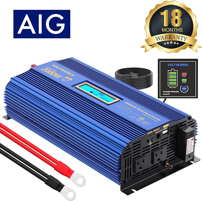 Power Inverter 2000w DC 12V to AC 120V ETL UL458 Compatible with Lithium Battery for Off-Grid Solar Car RV Truck Boat with LCD Display Remote Control 2 AC Outlets Dual 2.4A USB Ports by VOLTWORKS