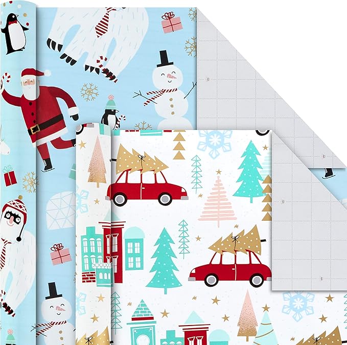 Hallmark Holiday Wrapping Paper Bundle with Cut Lines on Reverse, Quirky Christmas (Pack of 4, 120 sq. ft. ttl) Yeti, Santa, Penguin, Snowflakes, Blue, Gold