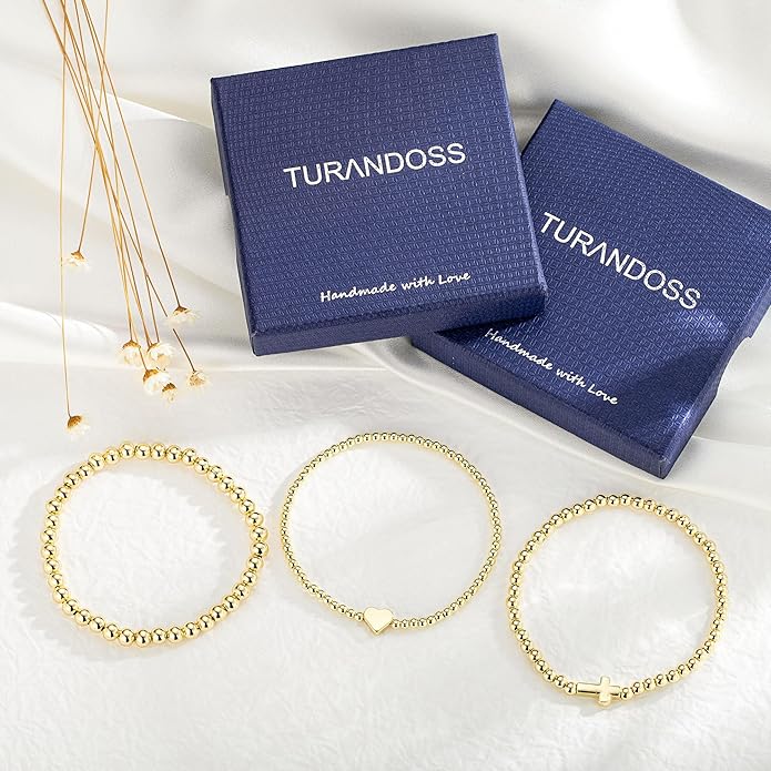 Turandoss Gold Bracelets for Women - Dainty 14K Gold Plated Bow Cross Beaded Bracelets for Women Stackable Heart Bead Bracelet Set Wave CZ Round Ball Bracelet Valentine's Day Gifts for Her