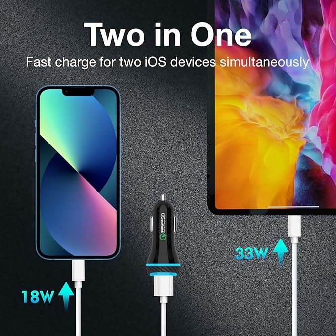 MOCA 51W QC 3.0 Fast Charging W/ 2pcs 3.3ft A-P/C-P Cable Car Charger for iPhone 16/15/14 Pro Max/Plus/16e, iPad, Samsung Galaxy S25/S24/S23 Ultra, Pixel, Android, PD/QC Car Phone Adapter Accessories
