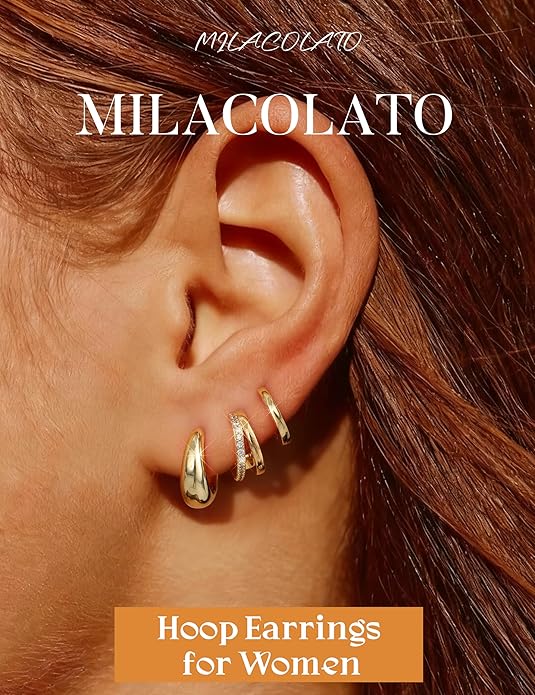 MILACOLATO 3 Pairs Small 14K Gold Plated Hoop Earrings for Women Trendy Hypoallergenic Silver Earring Stacks Huggie Hoops Earring Sets for Multiple Piercing Chunky Double Hoop Jewelry Lightweight